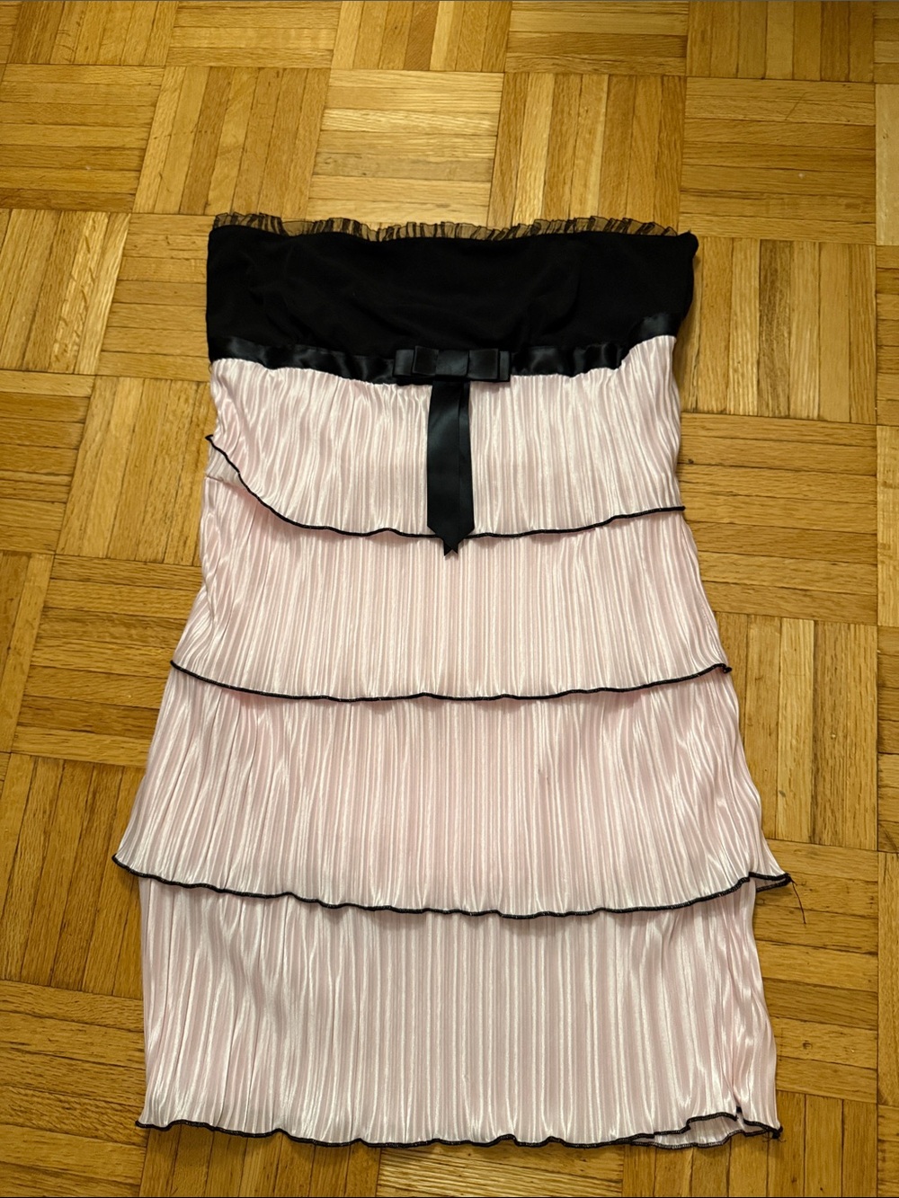 XOXO Strapless Pink Tiered Ruffle Dress with Black Bow